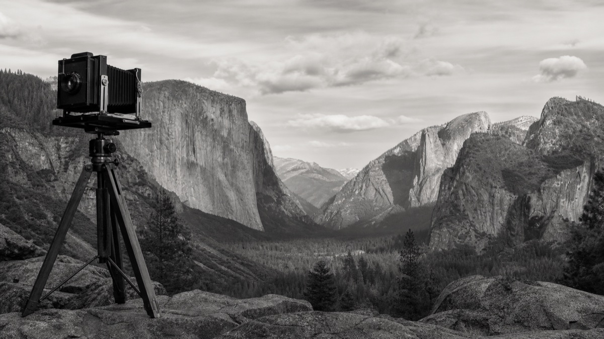 Large-format camera overlooking Yosemite Valley